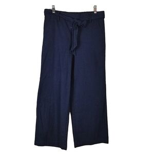 J Crew Factory Linen Cotton Wide Leg Pull On Pants Blue Tie Belt Sz 6 Inseam 24"